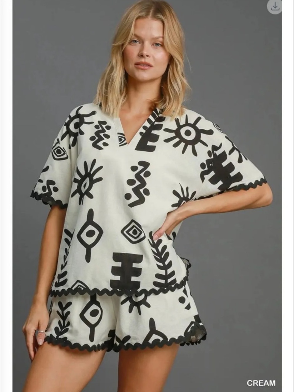 Umgee Cream/Black Printed Top & Shorts Set